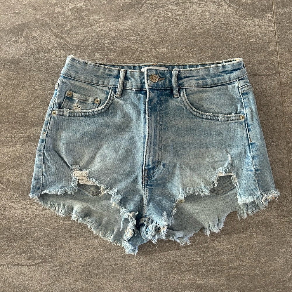 Zara Light Blue Frayed Jean Shorts